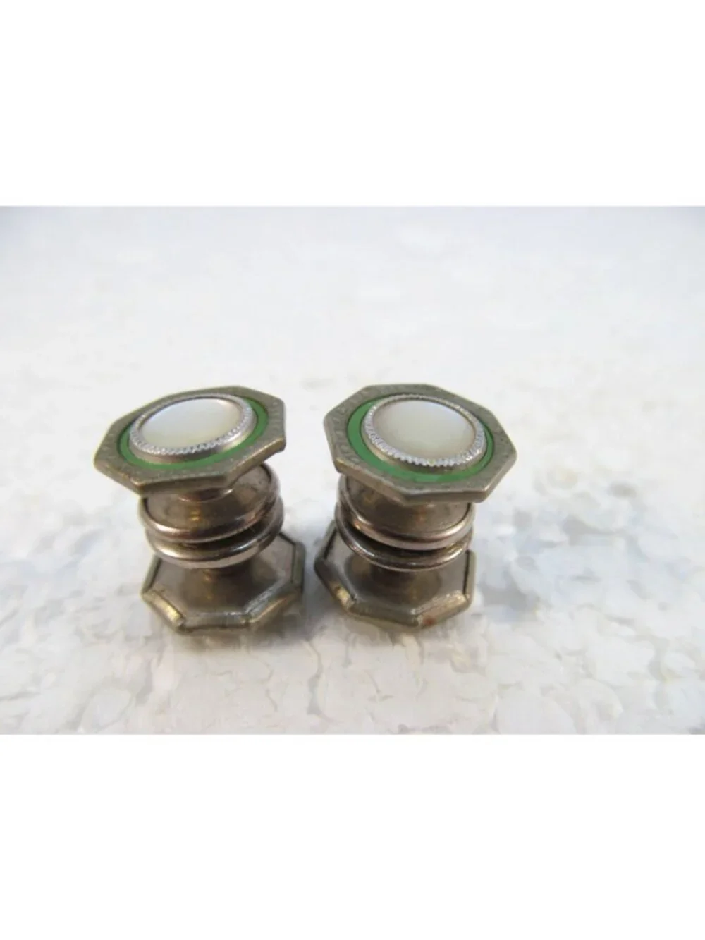 Vintage Octagonal Silver Tone Mother of Pearl Snap Link Cufflinks Double Sided